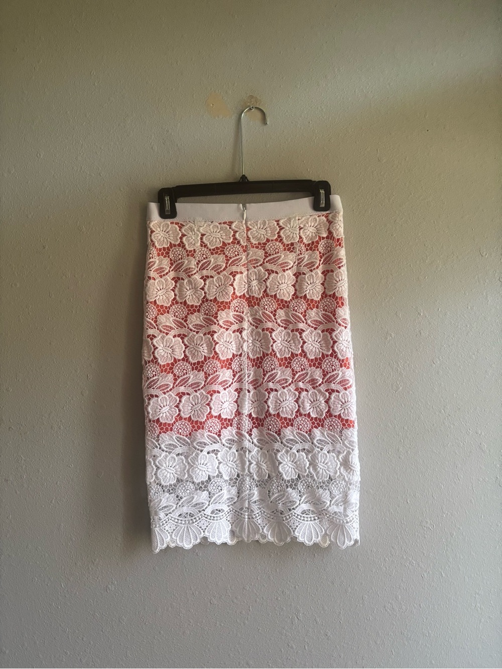 Rebecca Minkoff White and Coral Lace Pencil Skirt